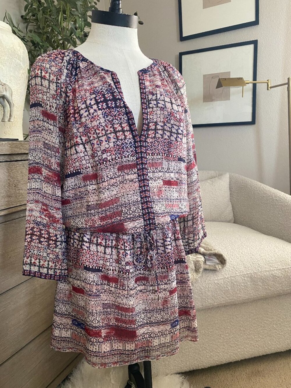 Joie | Aili 100% Silk Bohemian Georgette Blouson Mini Drawstring Dress